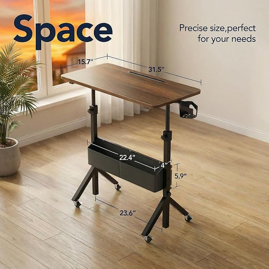 HUANUO Mobile Standing Desk with Wheels and Storage Basket, Height Adjustable 28.7"-46.1" Rolling Desk for Walking Pad, Small Space Laptop Computer Workstation for Home Office