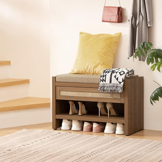 SICOTAS Rattan Shoe Bench Entryway Bench with Storage Drawer and Linen Seat Cushion, Farmhouse Boho Shoe Rack with Shelf, Wooden Storage Bench for Entryway Hallway and Bedroom, Caramel Oak, 2PCS