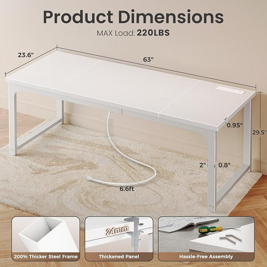 Huuger 63 x 24 inch Desk with Power Outlets & USB-C, Deeper & Thicker Desktop, Robust Metal Tubes, Computer Desk, Heavy Duty Office Desk, Work Gaming Desk, for Home Office, White