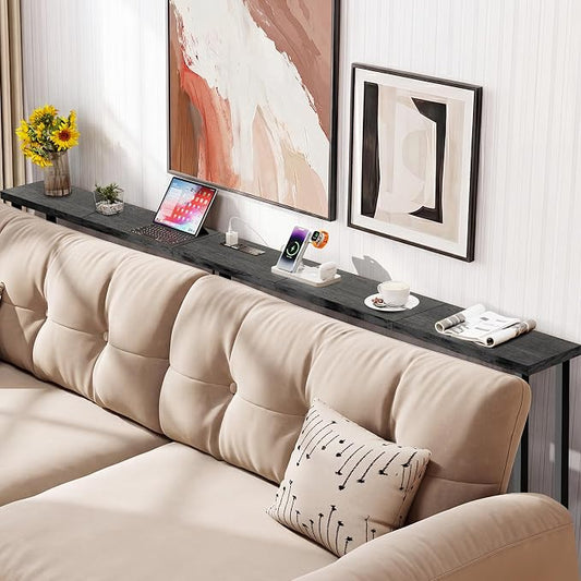GRLEAF 78" Sofa Table with Built-in Power Strip (2 AC Outlets & 2 USB Ports) – 4.9ft Power Cord, Metal Frame, Easy Assembly, Long Couch Table Behind Sofa, Living Room and Home Office | Charcoal Gray