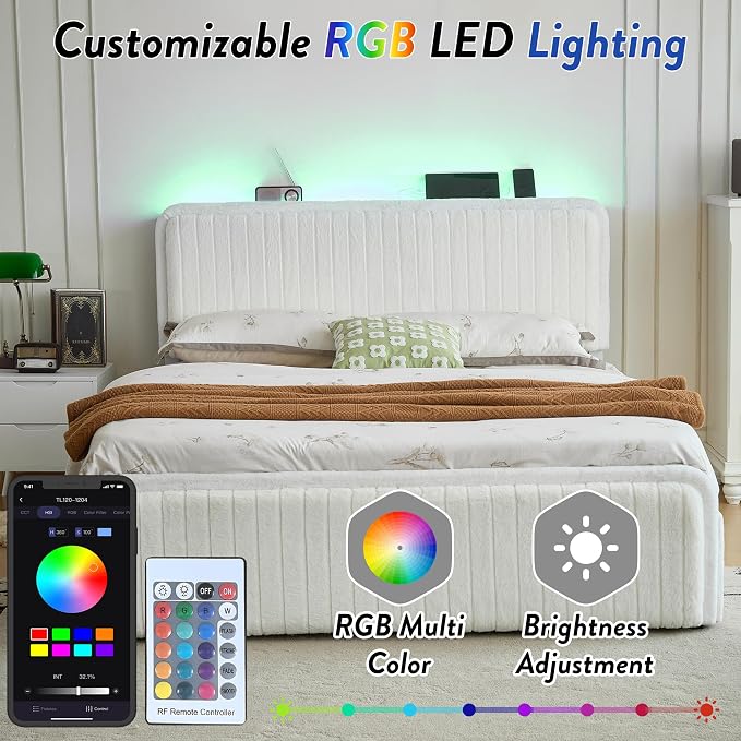 Queen Bed Frame with 2 Storage Drawers & Headboard, Upholstered Platform Bed Frame Queen Size with LED Lights & Charging Station, Metal Slats Support, No Box Spring Needed, Noise Free, Easy Assembly