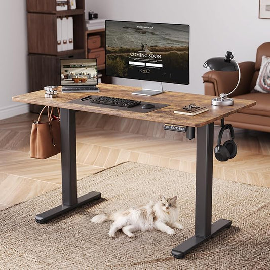 Claiks Electric Standing Desk, Adjustable Height Stand up Desk, 55x24 Inches Sit Stand Home Office Desk with Splice Board, Black Frame/Rustic Brown Top