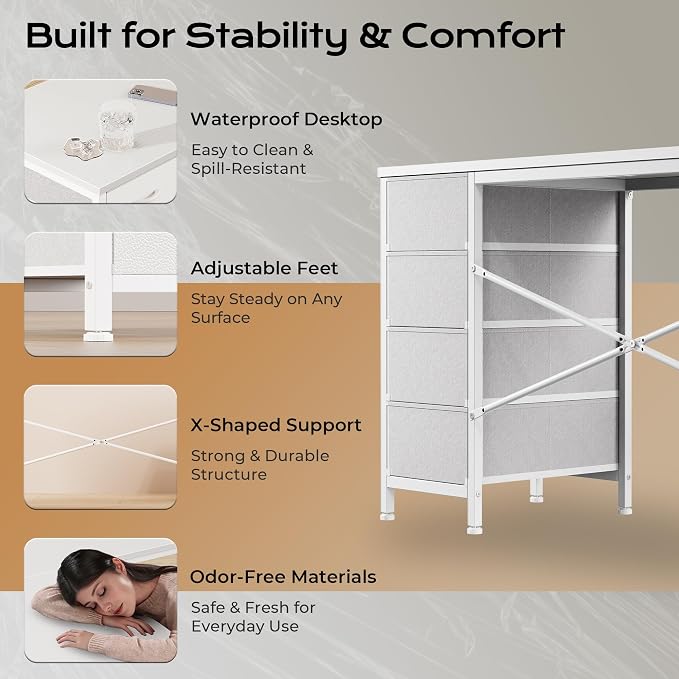 Huuger 55 Inch L Shaped Desk with Fabric Drawers, Reversible Computer Gaming Desk with Power Outlets and USB-C Port, Adjustable Side Storage Shelves, for Work Corner Home Office, White