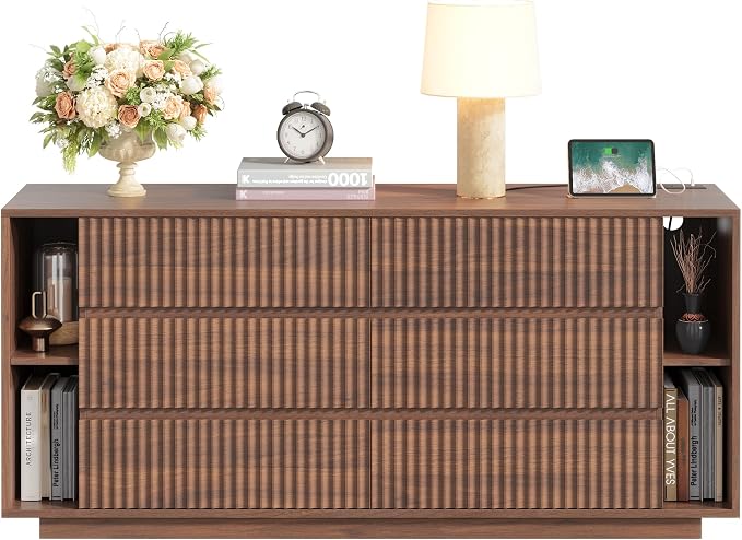Whalefall 63 Inch Fluted 6 Drawers Dresser with Shelves, Walnut | Large Chest of Drawers for Bedroom, Mid Century Modern, Wood Closet Storage Organizer, Pedestal TV Stand for Living Room