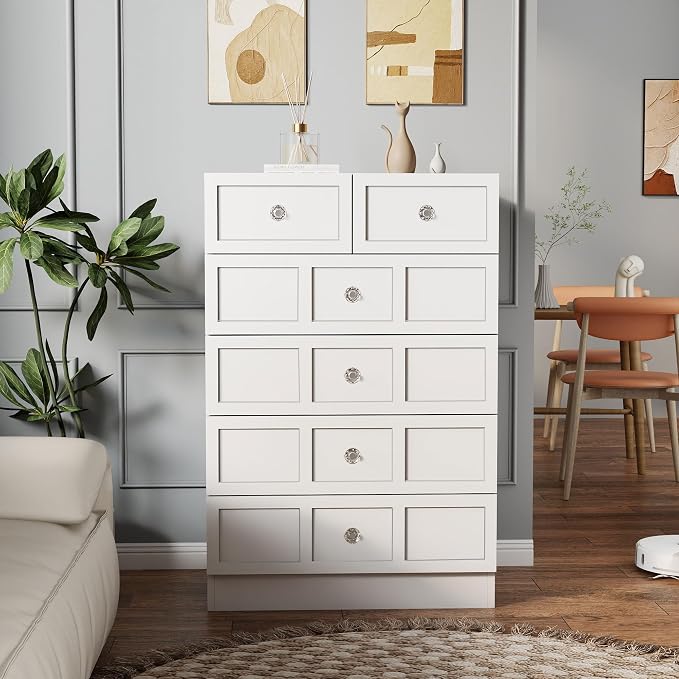 6 Drawer Dresser for Bedroom: 24" White Wide Tall Dressers for Bedroom, Modern Fluted Dresser with Deep Drawers, Wooden Chest of Drawers for Living Room