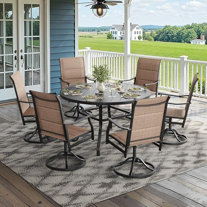 Soohow Outdoor Dining Set for 6, 7-Piece Round Table Patio Dining Set, 6 x Swivel Patio Chairs and 1 x 47 Round Outdoor Dining Table, for Poolside, Backyard and Proch