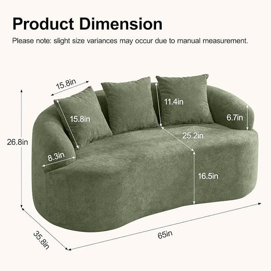 65" Curved Loveseat Sofa, Deep Seat Love Seat Couches with 3 Throw Pillows, Modern 2 Seater Boneless Curved Couch, Compressed Floor Sofa for Living Room Small Spaces, No Assembly, Green