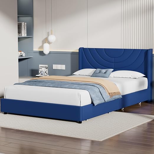 VECELO Queen Bed Frame Upholstered Platform with 4 Drawers&Fabric Headboard,Wooden Slats Support/No Box Spring Needed/Mattress Foundation,Dark Blue