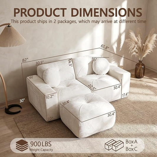82" Modular Sectional Cloud Couch, L Shaped Sofa Boneless Couches with Movable Ottoman, 2 Deep Seat Modern Comfy Velvet Sofa for Living Room, Bedroom, Apartment (Beige)