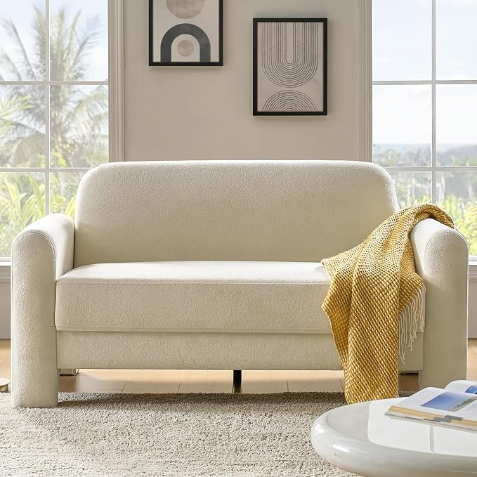 HULALA HOME 60" Modern Curved Loveseat Sofa, Comfy Chenille Couch Small Love Seat with Wrapped Armrests, 2 Seater Sofa for Living Room, Easy Assembly, Ivory