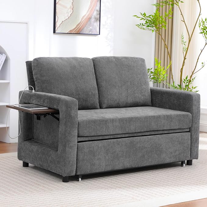 3 in 1 Folding Convertible Sleeper Sofa Bed Pull Out Couch with Side Pockets USB Port Side Table Loveseat Sofa Bed with Adjustable Backrest for Living Room Bedroom 66" Darkgrey 2 SEAT