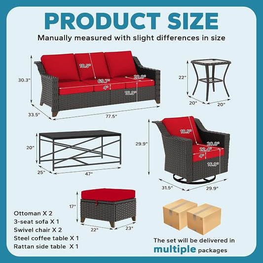 7 Pieces Outdoor Conversation Furniture Set - 77" Patio Sofa, 2 Swivel Rocker Chairs, 2 Ottomans, 1 Side Table, 1 Metal Table, Wicker Couch with Washable Cushions for Balcony (Red)