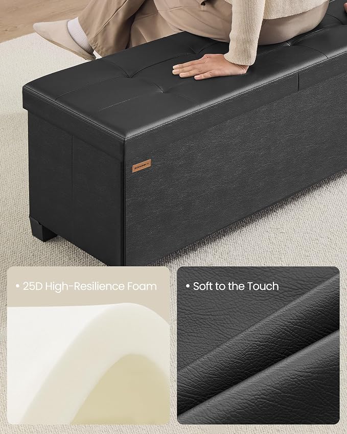 SONGMICS Storage Ottoman Bench with Legs, Folding Ottoman Foot Rest with Flipping Lid, Bench with Storage, for Living Room, Bedroom, Entryway, Synthetic Leather, 43.3 Inches, Ink Black ULSF085BH01