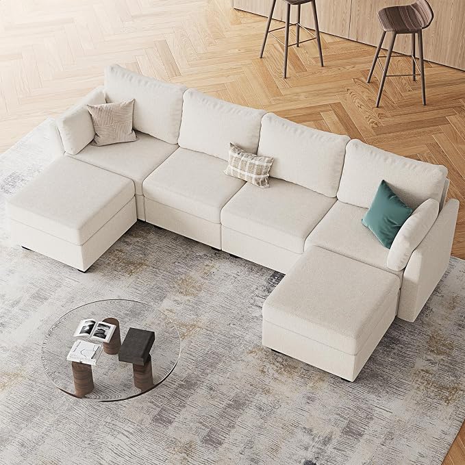 Huatean Home 114.17" Modular Sectional Sofa, 6 Seat Modular Couch with Storage, Memory Foam, Convertible Sectional Couches for Living Room, U Shaped Comfy Modular Sofa with Chaise, Beige