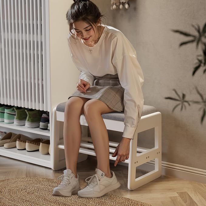 AQIMUELE Shoe Rack Bench,2 Tiers Shoe Bench with Storage with Flip-Top,Wood Shoe Rack for Entryway,Hallway(White Upholstered Seat,11.8" D x 23.62" W x 15.7" H)