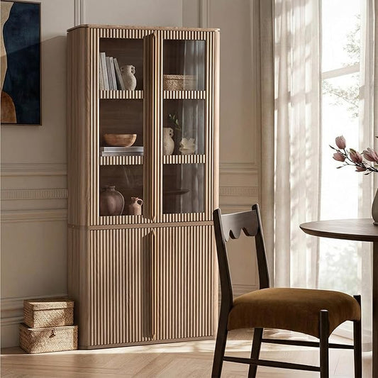 77" Tall Storage Cabinet - Fluted Pantry Cabinets with Glass Doors, Wooden Kitchen Food Cupboard, Adjustable Shelves, Modern Display Storage Closet for Living Room, Dining Room, Office, Oak 1pc