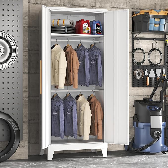 72" Tall Metal Armoire Wardrobe Closet - Large Clothing Storage Cabinet with Mirror Doors, 2 Hanging Rod & Adjustable Shelve - Closet Organizer for Bedroom, Office, Laundry Room, Garage - White