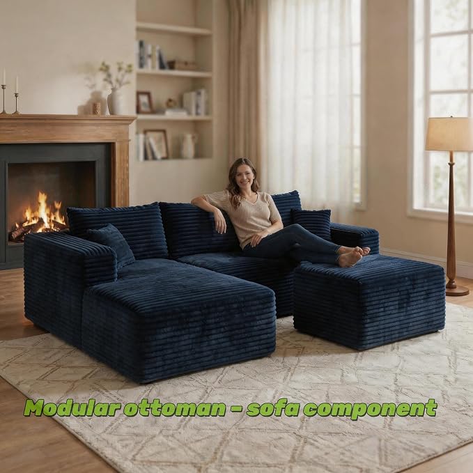 JINGLING 37.4" Rectangle Ottoman Foot Rest for Couch - Corduroy Upholstered Compressed Memory Foam, Cloud Ottoman for Modular Sectional, No Assembly Required, DIY Combination, Blue