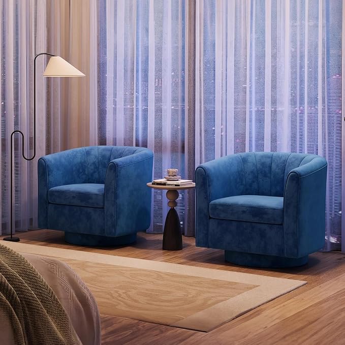 LINSY Swivel Accent Chair with Ottoman: Small Velvet Barrel Chair 360 Swivel Modern Armchair, Upholstered Reading Chair with Footrest for Living Room Bedroom Study Room (Blue)