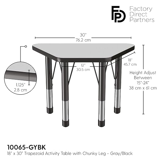 FDP Trapezoid Activity School and Classroom Kids Table (18 x 30 inch), Chunky Toddler Legs for Collaborative Seating Environments, Adjustable Height 15-24 inches - Gray Top and Black Edge