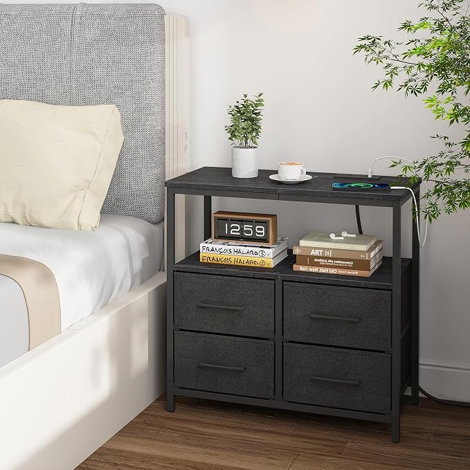 TUTOTAK Large Night Stand with Charging Station, Nightstand with USB and Type-C Port, Bedside Table with Cloth Drawers, End Table for Livingroom, Bedroom, Black TB01BK081