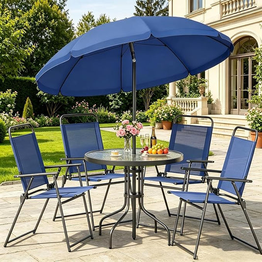 Shintenchi 6 Piece Outdoor Patio Furniture Set, Small Outdoor Patio Dining Table and Chairs Set, Outdoor Seating with Umbrella for Backyard, Balcony, Front Porch, Dark Blue
