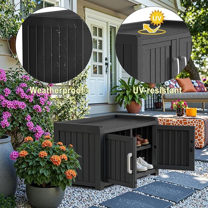 DRATO Indoor Outdoor Shoe Storage Cabinet, Waterproof Shoe Cabinet with Adjustable Shelves, Multifunctional Resin Storage Bench for Entryway, Foyer, Hallway (Black, Duble Doors)