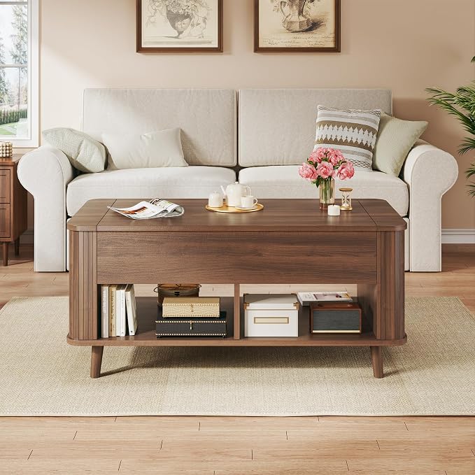Lift Top Coffee Table with Storage, 41" Mid Century Modern Coffee Table with Fluted & Curved Profile Design, Hidden Storage Compartment, Lower Shelf Center Table for Living Room Office, Walnut