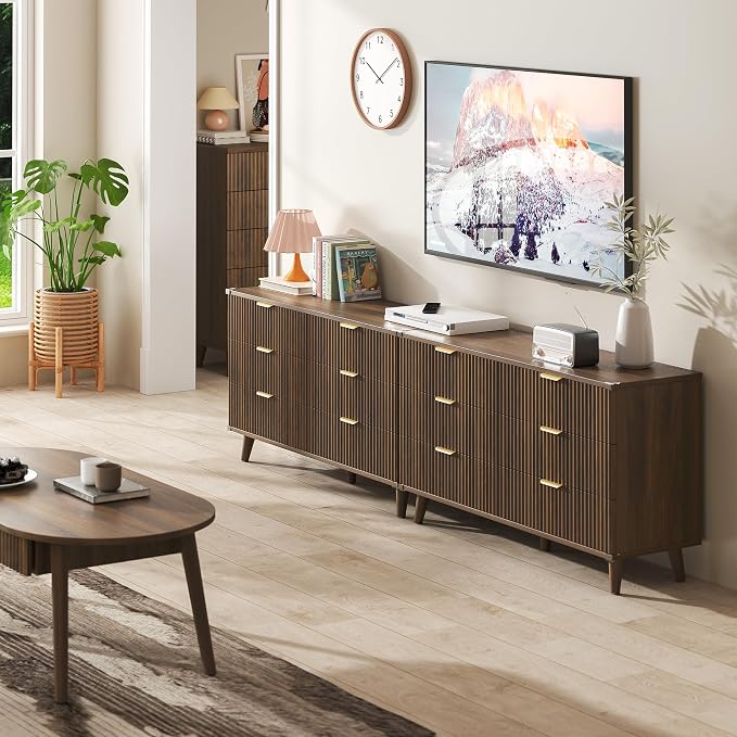 Lulive Wood Dresser for Bedroom with 6 Drawers, 53.2" Long Fluted Modern Chest of Drawers Storage Organizer, Dressers TV Stand for Living Room, Closet, Hallway (Walnut)