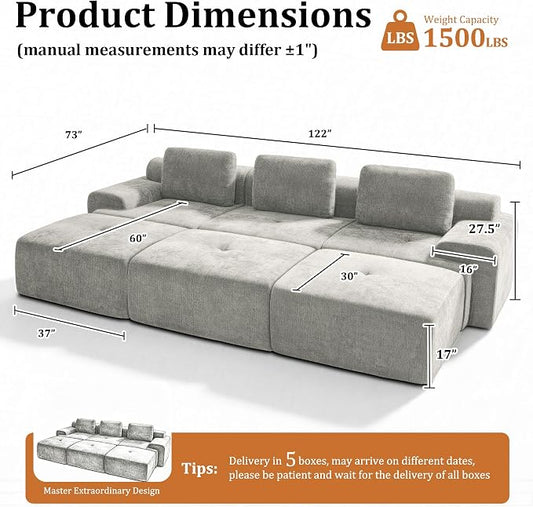 122" Oversized Boneless Couch, Comfort Cloud Sectional Couches for Living Room, Modular Sofa High Back & Extra Deep Seat, No Assembly, Soft Chenille Fabric (Light Grey, 122 inch-(3+3))