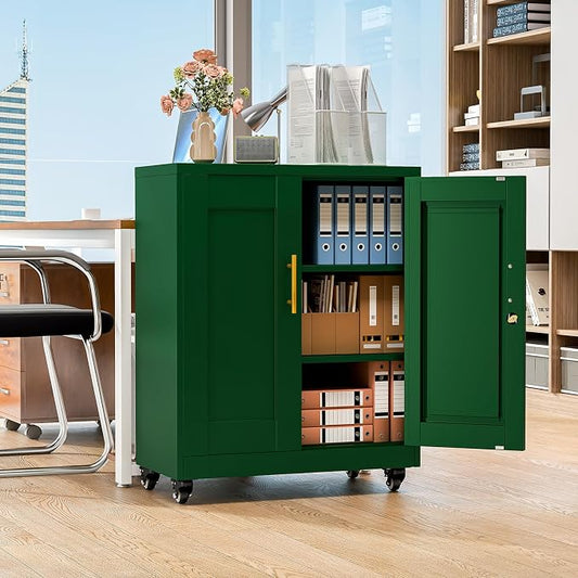 Metal Storage Cabinet with Wheels, 36" Tall Locking Storage Cabinet with 2 Adjustable Shelves, Locking Garage Cabinet, Steel Locker Organizer, for Office, Home, School, Green