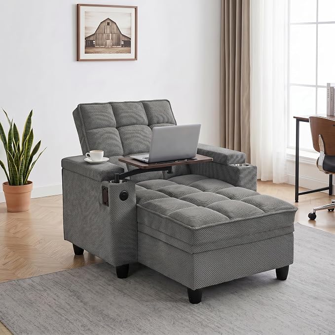 Convertible Sleeper Chair, Pull Out Sofa Bed with Adjustable Backrest & Hidden Storage Armrest, Single Sofa Recliner with USB Charging Port & Cup Holders for Living Room, Bedroom, Dark Gray