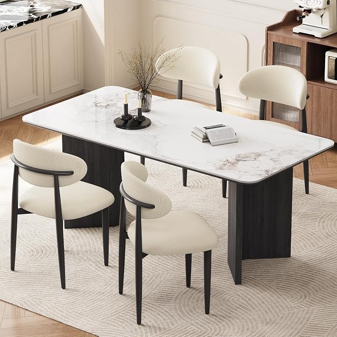 Dining Chairs Set of 6, Modern Fabric Upholstered Dining Room Chair MetalKitchen Chairs, Farmhouse Dinner Chair for Kitchen Dining Room, Beige