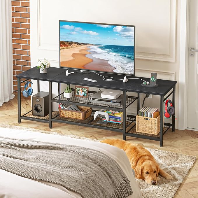 YGEOMER TV Stand for Up to 75 Inch TVs, Entertainment Center with Power Outlet and Open Storage Shelves, TV Media Console Table for Living Room and Bedroom, Black