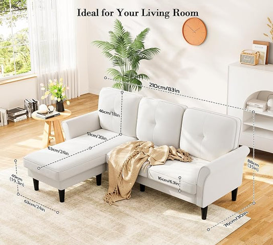 Small Sectional Couch, 83" L Shaped Couch, Comfy Velvet Couches for Living Room, Tool-Free Setup Modular Sectional Sofa, 850lbs Load Sofas for Living Room with 1 Movable Ottoman, White Couch
