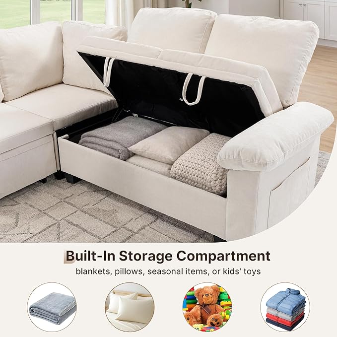85" Modular Sectional Sofa Bed with Storage, L Shaped Pull Out Couch, Removable Chenille Sofa Cover for Living Room (Beige, 5 Seat)