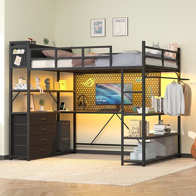 Loft Bed Twin Size with Storage Upholstered Headboard, Black Twin Loft Bed Frame with U-Shaped Desk & LED Lights, Bunk Loft Beds with Power Outlet, Loft Beds with 4 Storage Drawers, Guard & Ladder