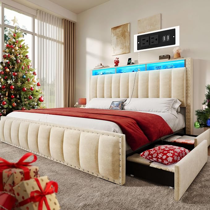 DWVO Full Size Bed Frame with 4 Storage Drawers and RGB LED Lights, Velvet Upholstered Platform Bed with Charging Station and Storage Headboard, No Box Spring Needed, Easy Assembly, Beige