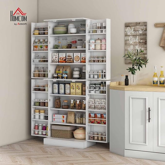 HOMCOM 65" Kitchen Pantry Storage Cabinet, Freestanding Kitchen Cabinet with 16 Door Shelves, Double Doors, 8-Tier Shelving and Adjustable Shelves, White