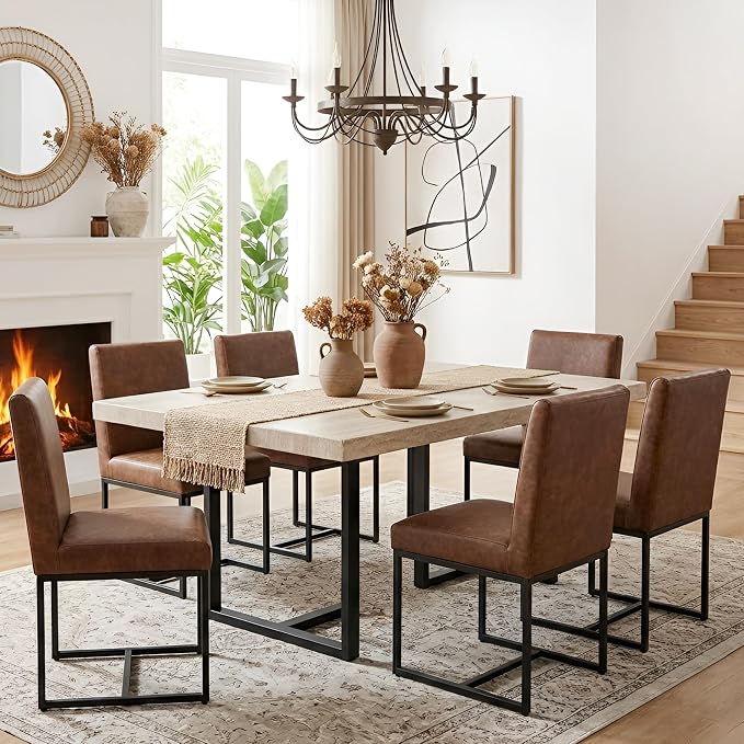 VESCASA Faux Leather Upholstered Dining Chairs with Black Metal Frame, Mid Century Modern Padded Kitchen Chair with Adjustable Foot Pads for Restaurant, Dining Room, Set of 4, Brown