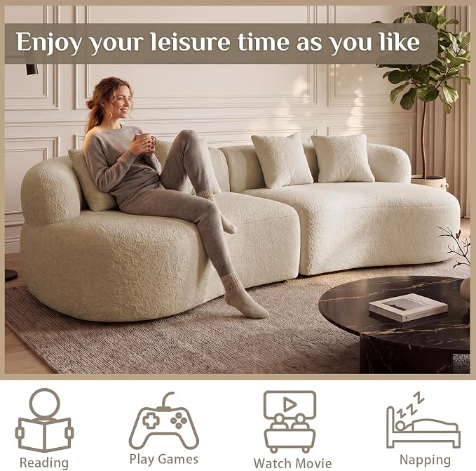 113" Curved Sectional Sofa Modern Cream Cloud Couch Modular Sectional Couches for Living Room Boneless Cloud Sofa Boucle Loveseat Comfy Chenille Deep Seat with 4 Pillows, Light Brown