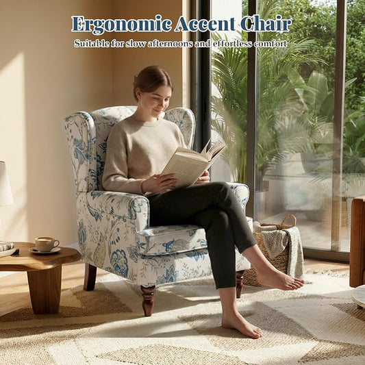 EROMMY Floral Accent Chair, Comfortable High Back Upholstered Armchair with Solid Wood Legs, Leisure Single Sofa Chair for Living Room, Home Office, Bedroom, Blue Floral