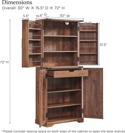 ACCOHOHO 72" Tall Kitchen Pantry, Farmhouse Storage Cabinet with Barn Doors, Organizer, Drawer and Adjustable Shelves, Rustic Wood Cupboard for Kitchen, Dining Room, Bathroom and Hallway, Walnut