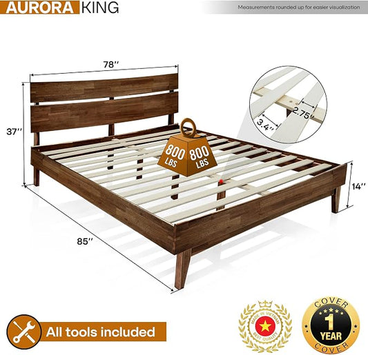 Acacia Aurora Wooden Bed with Headboard, King Size Bed Frame, 800lbs Capacity Wood Bed Compatible with All Mattress Types, Non-Slip & Noise-Free, Wood Slats Support, Easy Assembly, Chocolate.