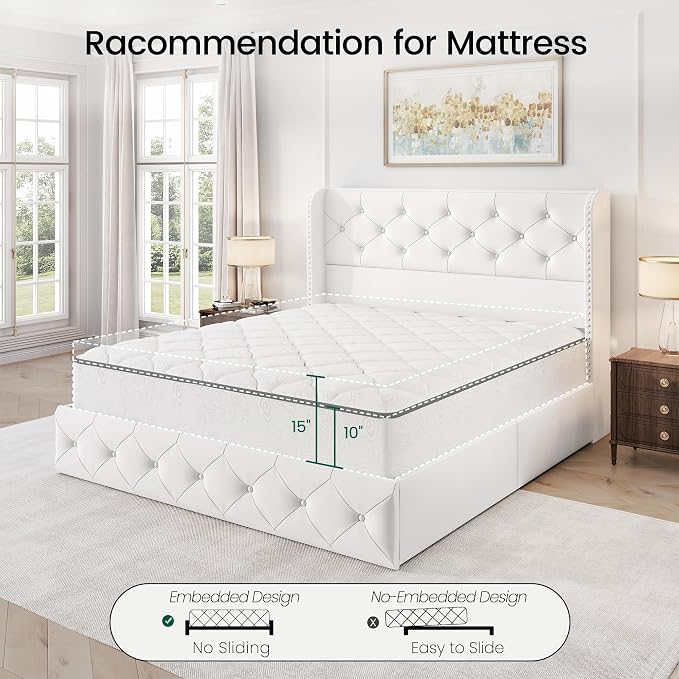 LARMACE Full Size Bed Frame with 4 Storage Drawers and 47.2" Tall Wingback Headboard Velvet Upholstered Platform Bed Frame Tufted Beds with Wooden Slats Support, Easy Assembly, White