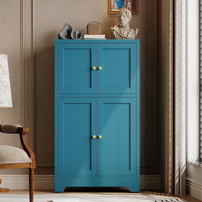 43" H Blue Small Kitchen Pantry Cabinet,Metal White Pantry Cabinets with Doors,Small Storage Cabinets,Food Pantry Cabinet with 4 Doors and Shelves for Kitchen and Dining Room