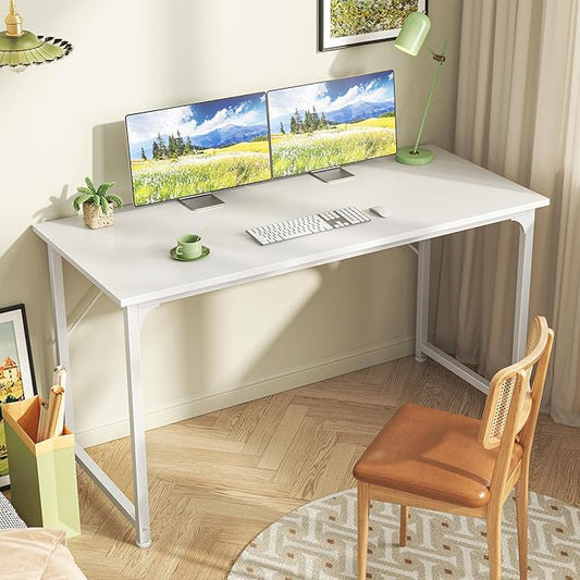 Huuger Computer Desk, 48 Inch Office Desk, Gaming Desk with Storage, Writing Desk Work Desk for Home Office, Study, Modern Simple Desk, Large Legroom, Metal Frame, White