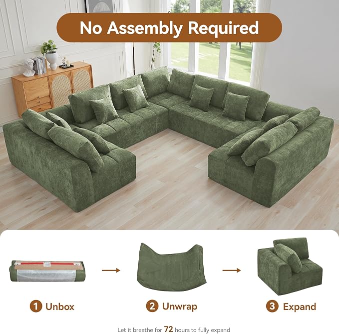140''Modular Sectional Couches for Living Room, Cloud Boneless Compressed Sectional Sofa, Oversized U Shaped 9 Seater Upholstered Memory Foam Sofa, No Assembly, Chenille Green