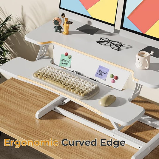 JOY worker Standing Desk Converter, 35" Height Adjustable Sit Stand Up Desk Riser with Keyboard Tray & 6 Fridge Magnets, Desktop Workstation Riser for Home Office Computer Laptop, White