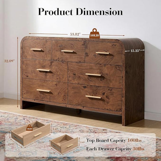 Curved 7 Drawer Dresser for Bedroom, 53.82'' Wide Chest of Drawers, Modern Storage Cabinet for Hallway & Living Room TV Stand, FSC Certified 1.18" Thick Board, 100 lbs Top Weight, Dark Burl